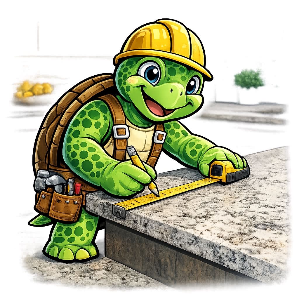 Salty Hands turtle mascot carefully measuring a quartz countertop